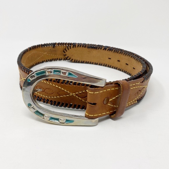 Vintage Accessories - VINTAGE Tooled Leather Belt 34 Saddle Stitch Boho